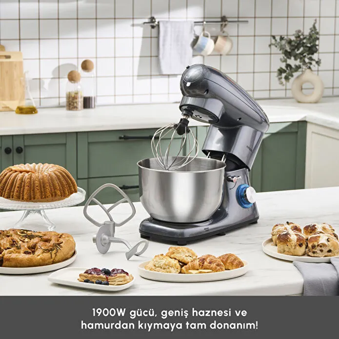 Karaca Multichef Kıyma Çekme /Sucuk-Sosis/İçli Köfte Aparatlı Hamur Yoğurma Makinesi Antrasit 1900W 5,5L - 4